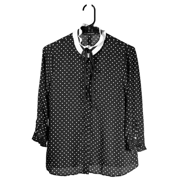 Zara Blouse Button Up Black White Polka Dot Tie Neck Pleated Coquette Top XS - Picture 1 of 9